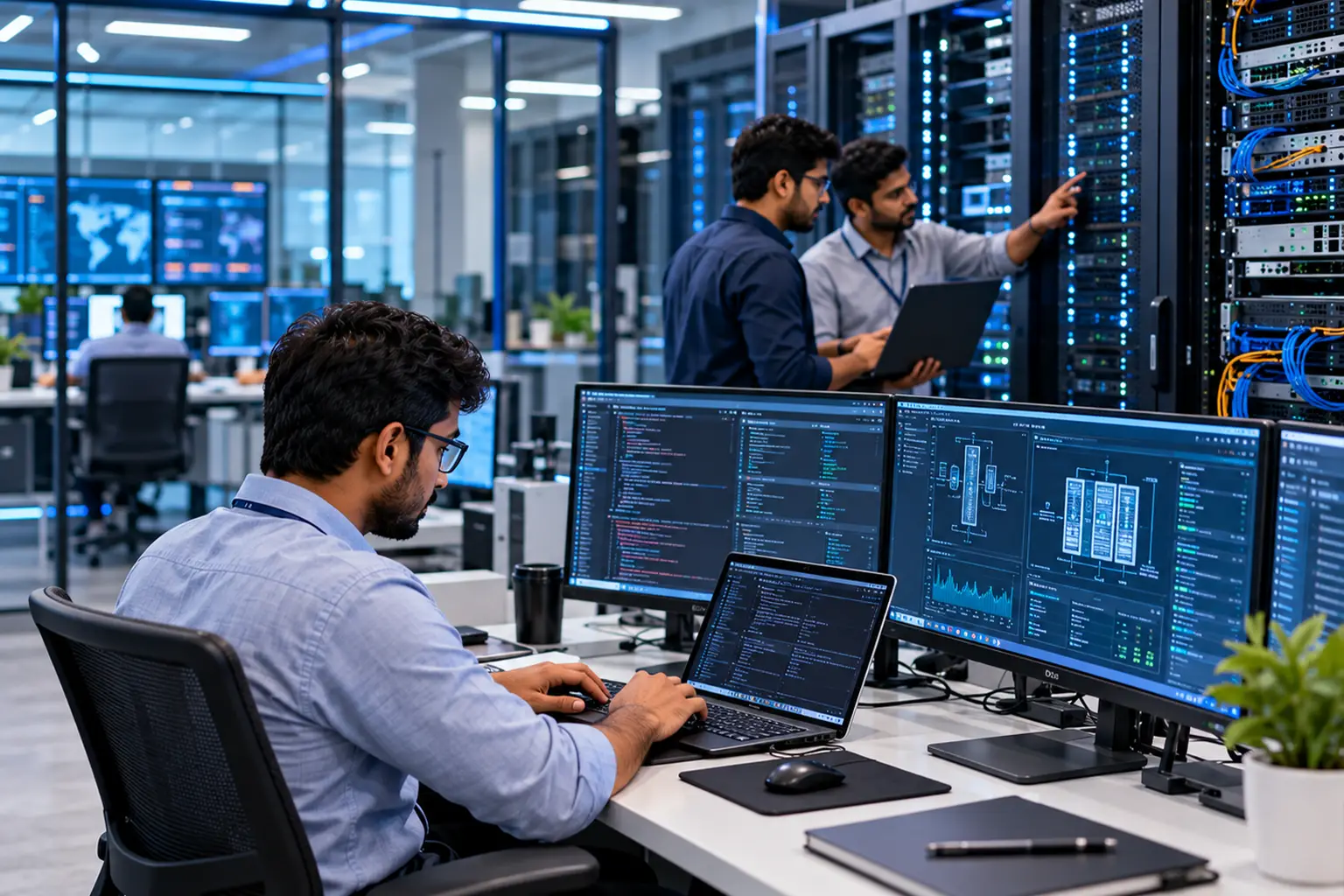 Engineers configuring rugged systems and server racks