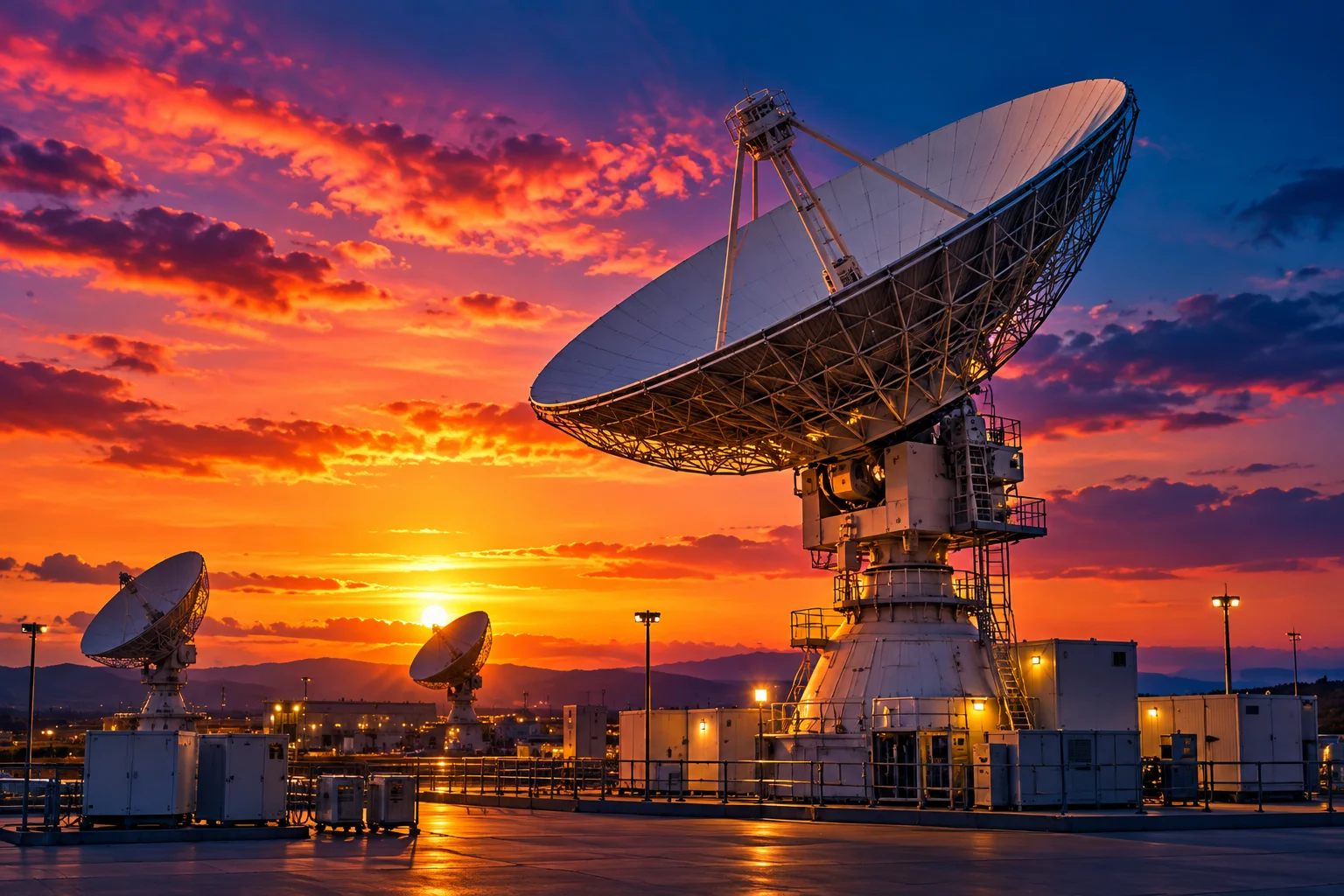 Satellite ground station antennas at sunset