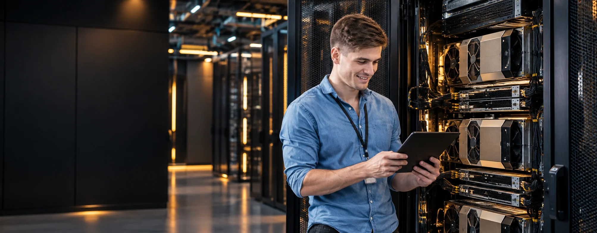 Engineer beside a GPU compute rack