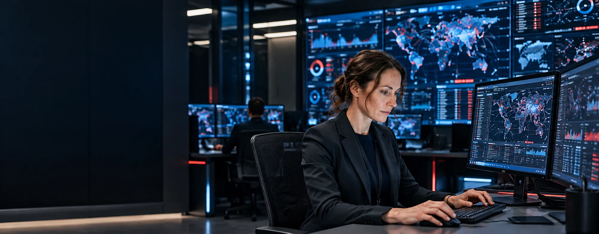 Operator monitoring a surveillance and command centre