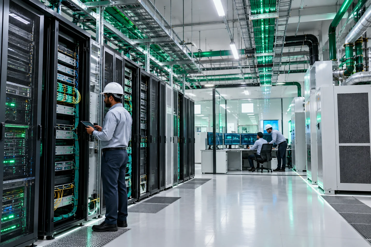 Engineer inspecting data center racks