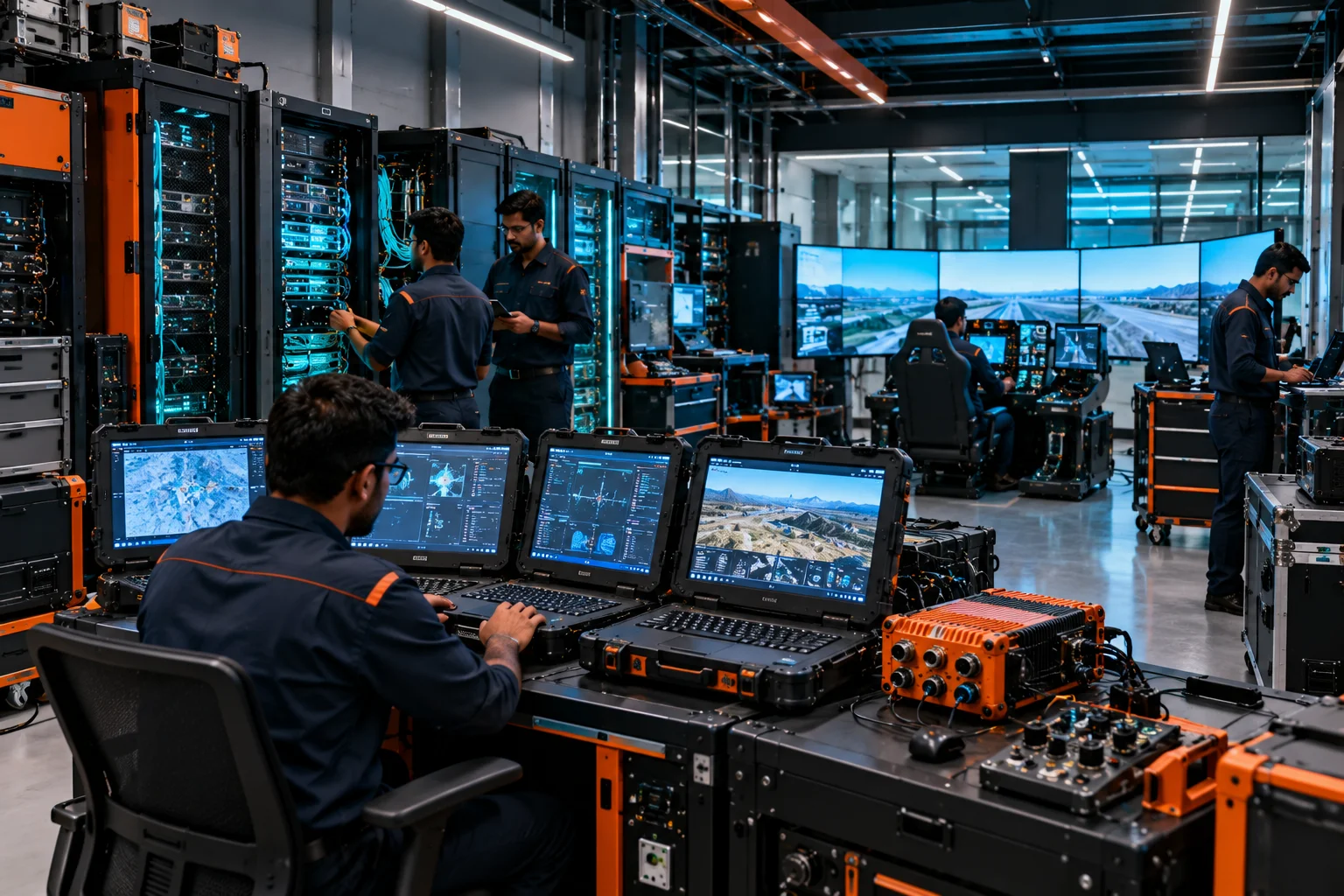 Engineers maintaining server racks and rugged systems