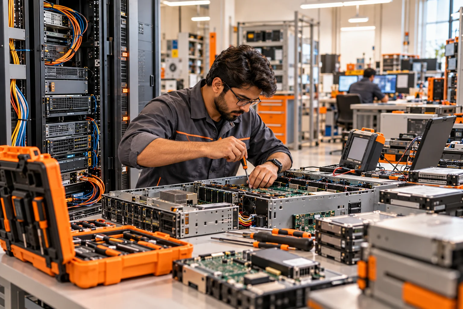 Engineer servicing server and storage hardware