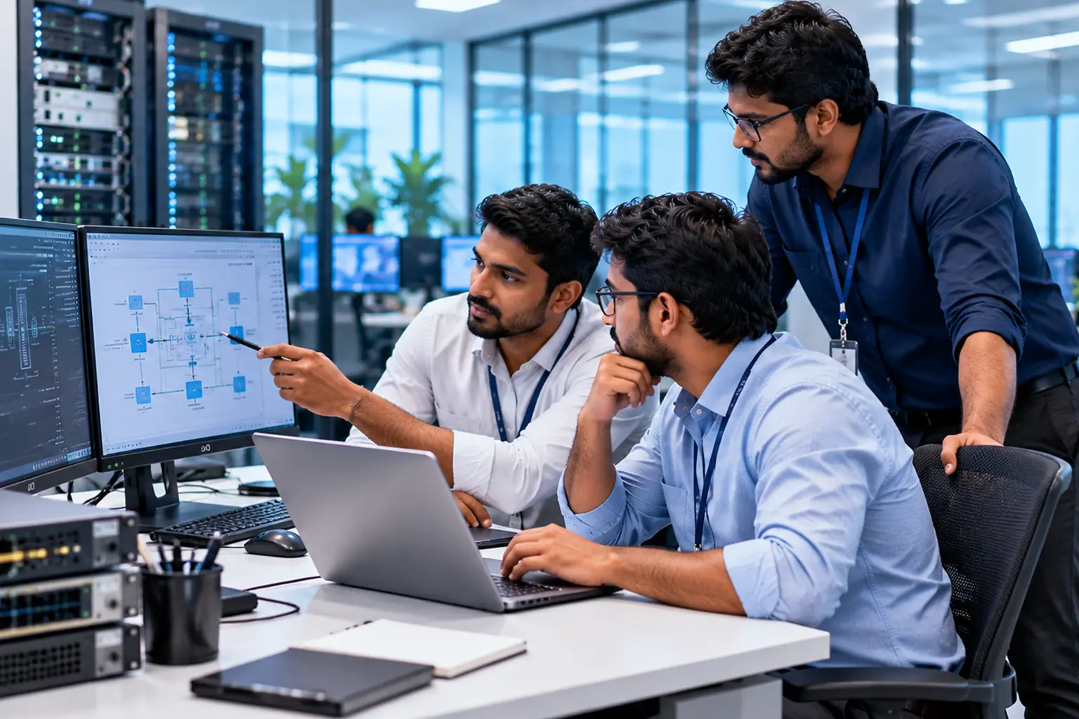 Engineers collaborating in an industrial control room